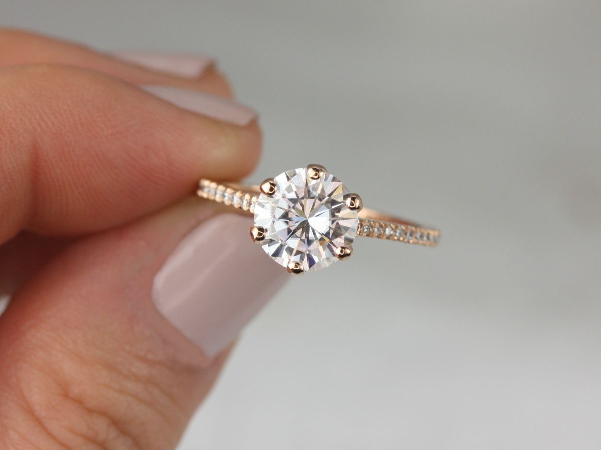 2ct Dora 8mm 14kt Moissanite Diamond Six Prong Round Solitaire with Accents Ring by Rosados Box