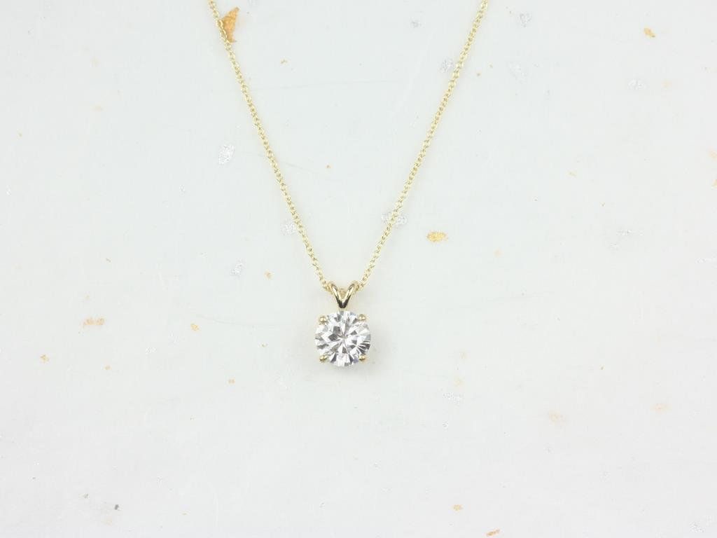 Rosados Box Ready to Ship Donna 8mm 14kt WHITE Gold Round Forever One Moissanite Solitaire Leaf Gallery Basket Necklace