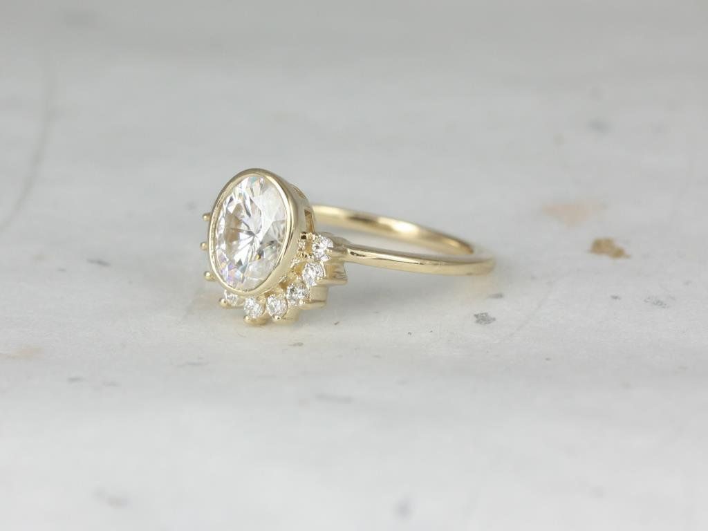 Rosados Box Oksana 8x6mm 14kt Yellow Gold Oval Moissanite and Diamonds Bezel Crescent Sunrays Engagement Ring