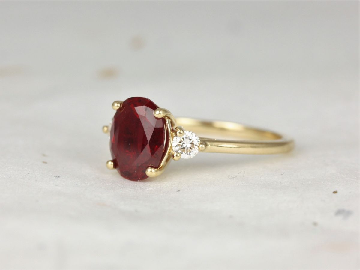 Gloria 9x7mm 14kt Yellow Gold  Ruby Diamonds Three Stone Oval Ring by Rosados Box