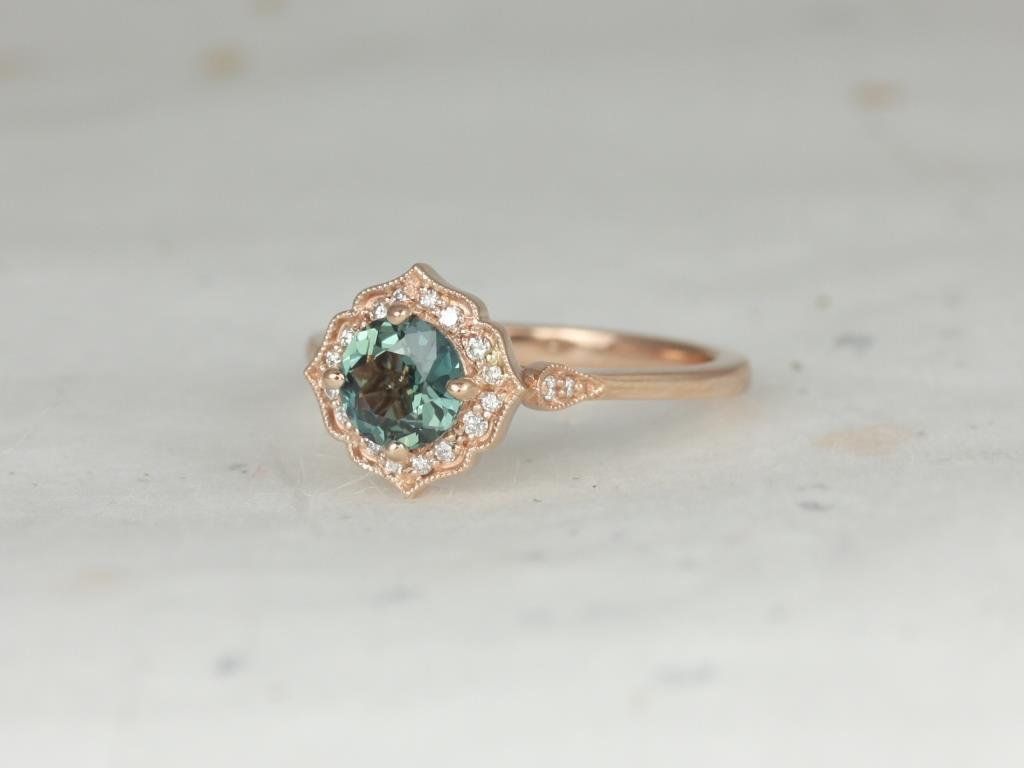 Rosados Box Ready to Ship Lily 0.94cts 14kt Rose Gold Ocean Teal Sapphire Diamond Kite Halo WITH Milgrain Engagement Ring