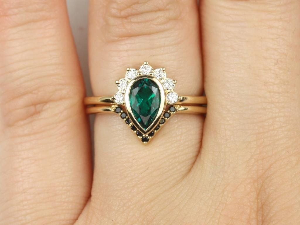 Rosados Box Oana 8x5mm & Venus 14kt Yellow Gold Pear Emerald Diamonds Sapphire Bezel Crescent Half Halo Wedding Set 