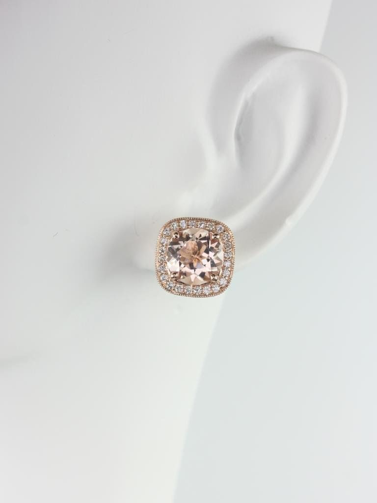 Rheine 14kt Gold Round Morganite Diamonds Milgrain Cushion Halo Stud Earrings by Rosados Box