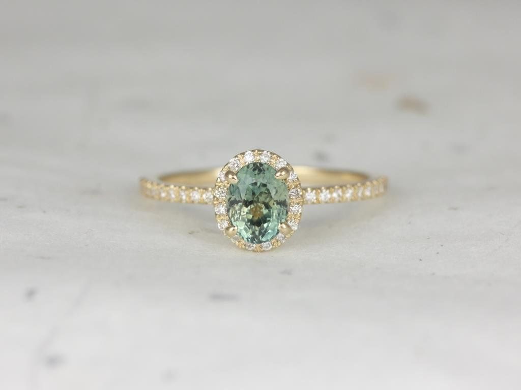 Rosados Box Ready to Ship Federella 1.02cts 14kt Yellow Gold Oval Jungle Teal Sapphire Diamond Halo Engagement Ring