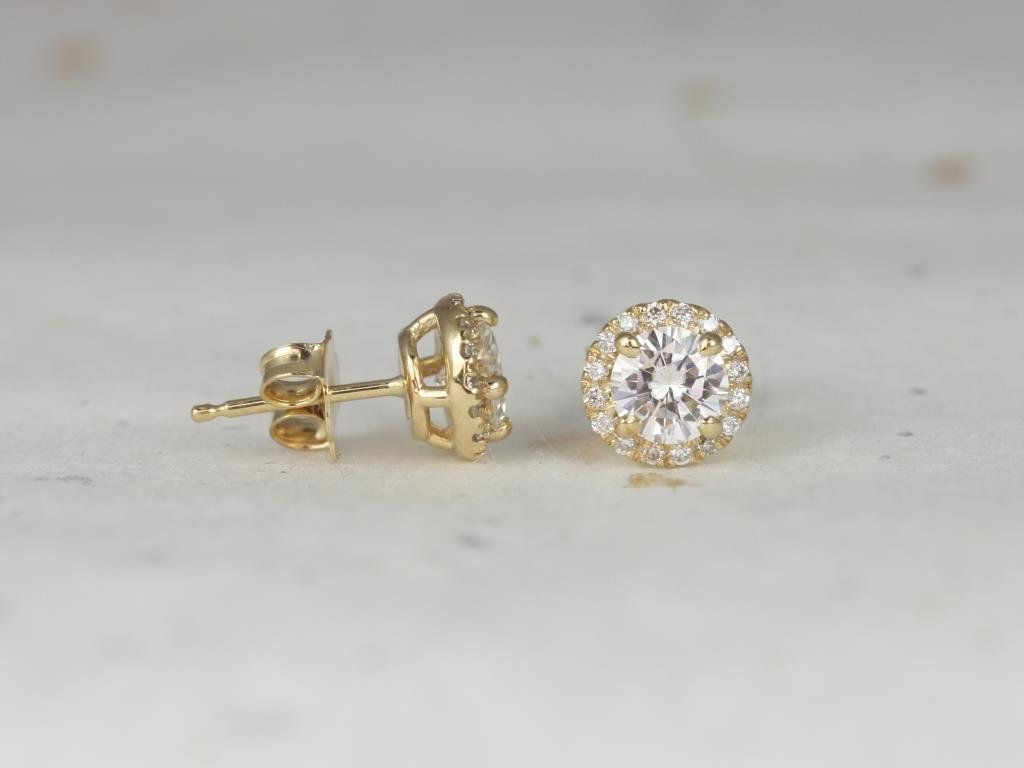 Rosados Box Ready to Ship Gemma 5mm 14kt ROSE Gold Round F1- Moissanite and Diamonds Halo Stud Earrings