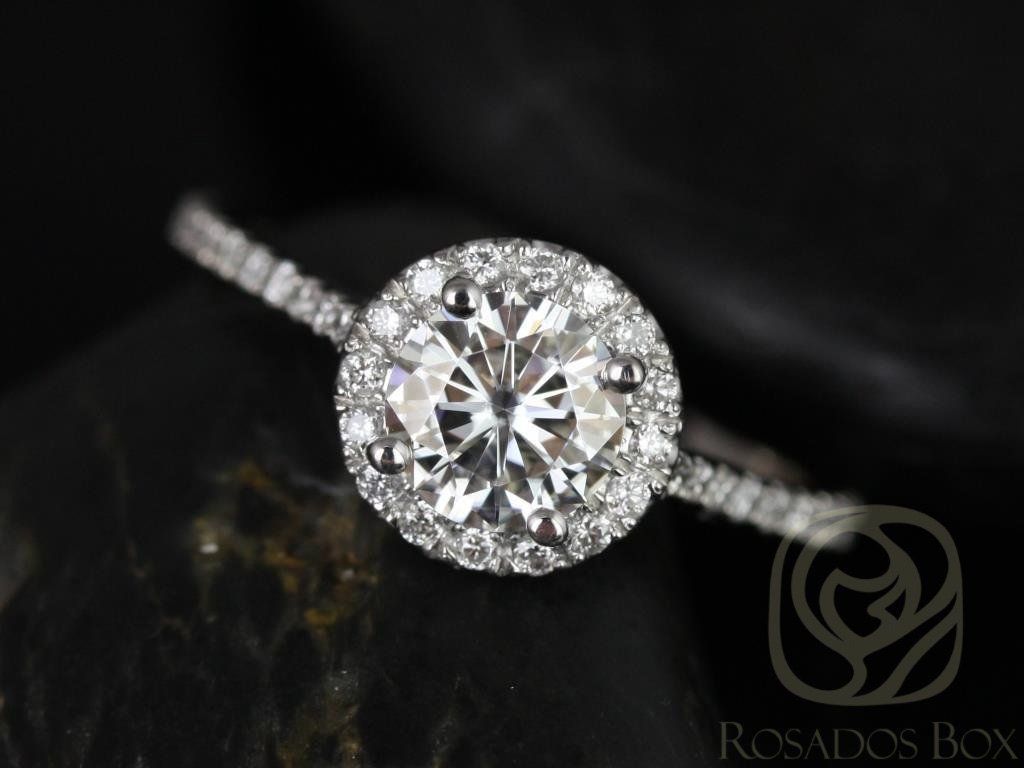 Rosados Box Ready to Ship Kubian 6mm 14kt White Gold Round Forever One Moissanite Diamonds Round Halo Engagement Ring