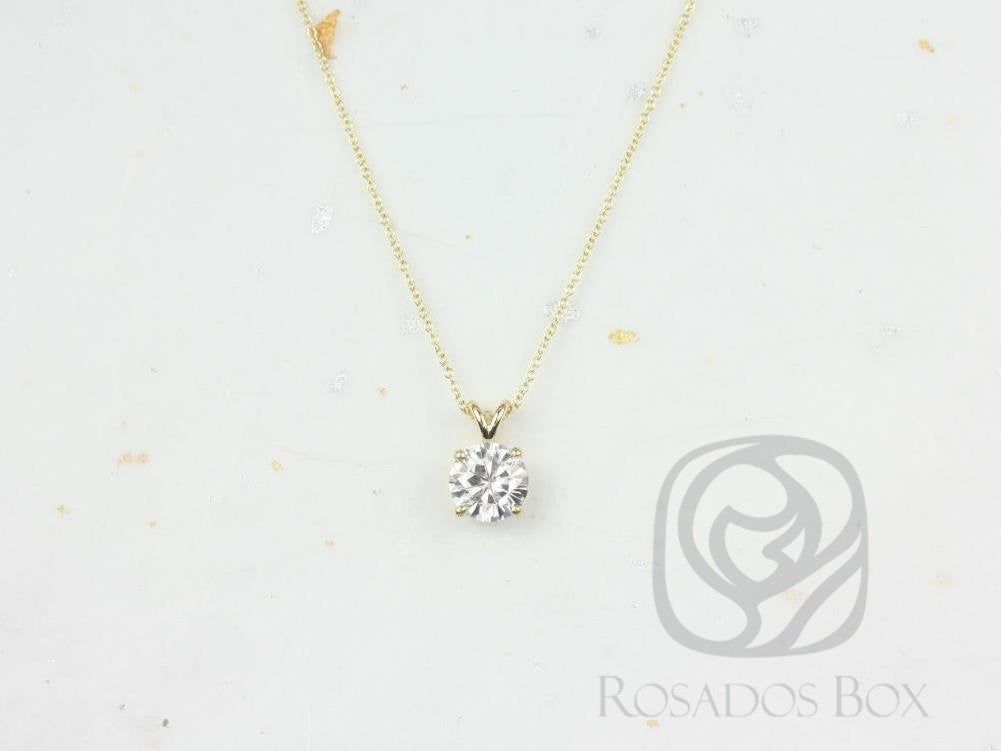 Rosados Box Ready to Ship Donna 6mm 14kt WHITE Gold Round Forever One Moissanite Solitaire Leaf Gallery Basket Necklace