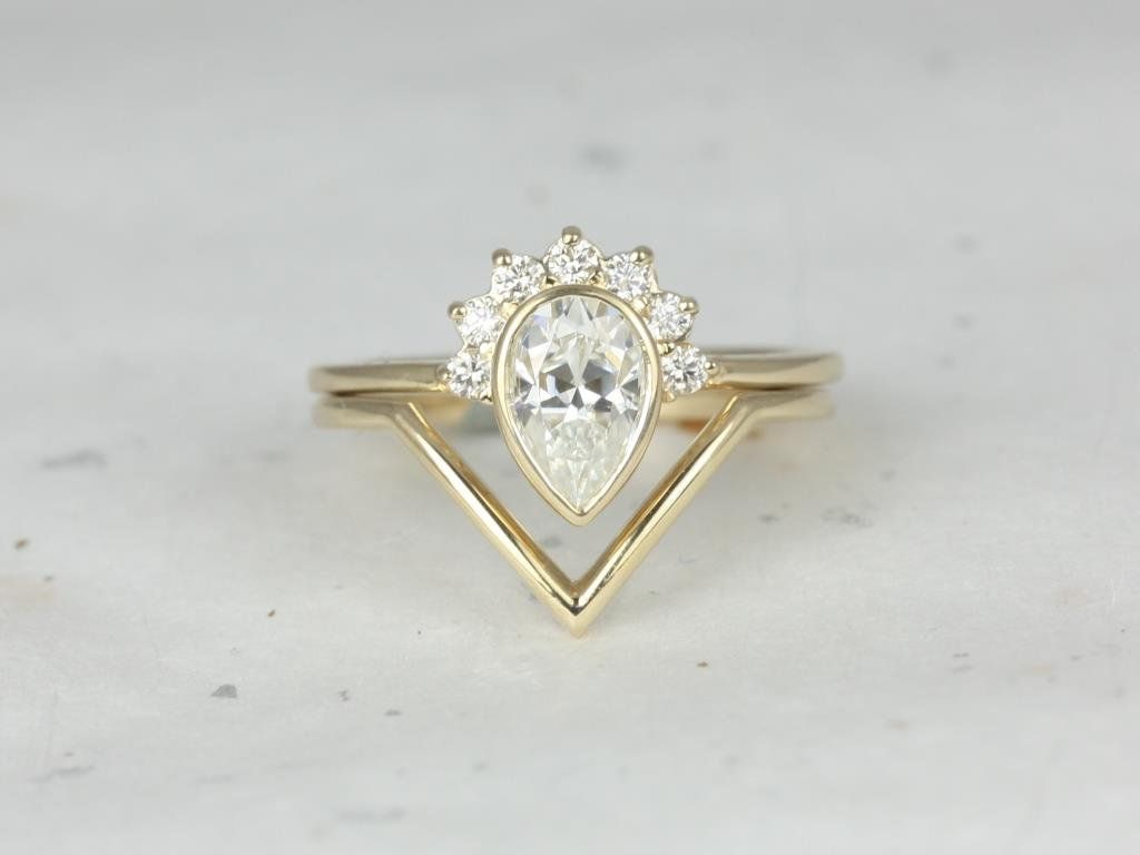 Rosados Box Oana 8x5mm & Femme 14kt Yellow Gold Pear Moissanite and Diamonds Bezel Crescent Sunrays Chevron Wedding Set