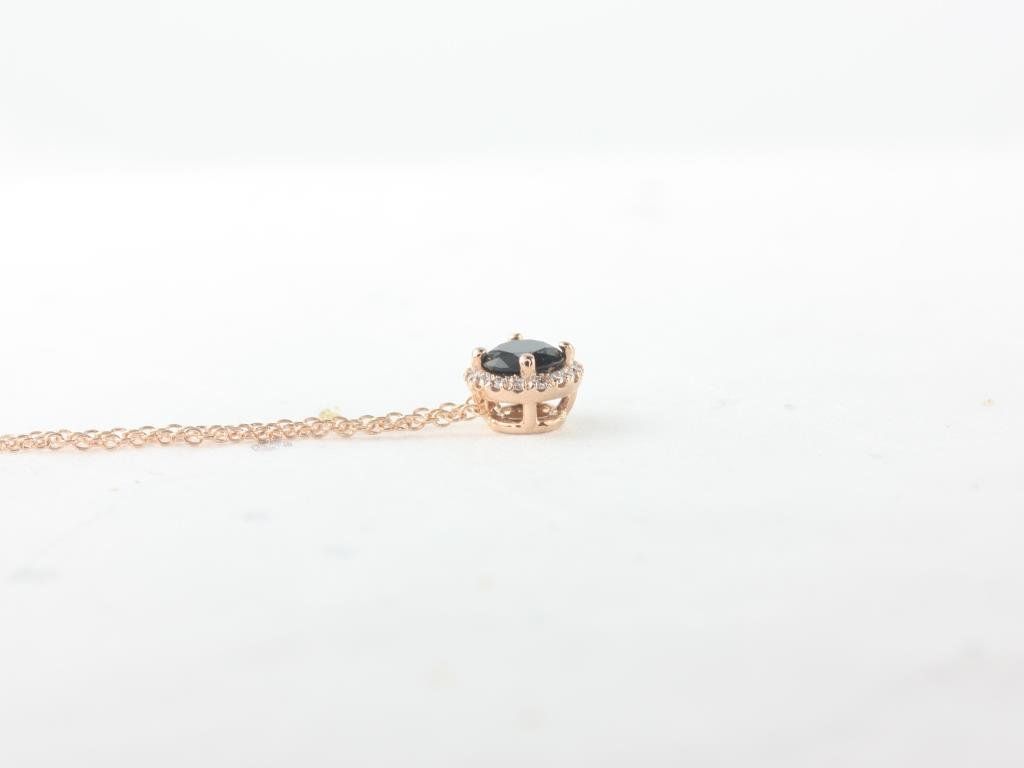 Rosados Box Ready to Ship Gemma 5mm 14kt Rose Gold Round Black Onyx and Diamonds Halo Floating Necklace