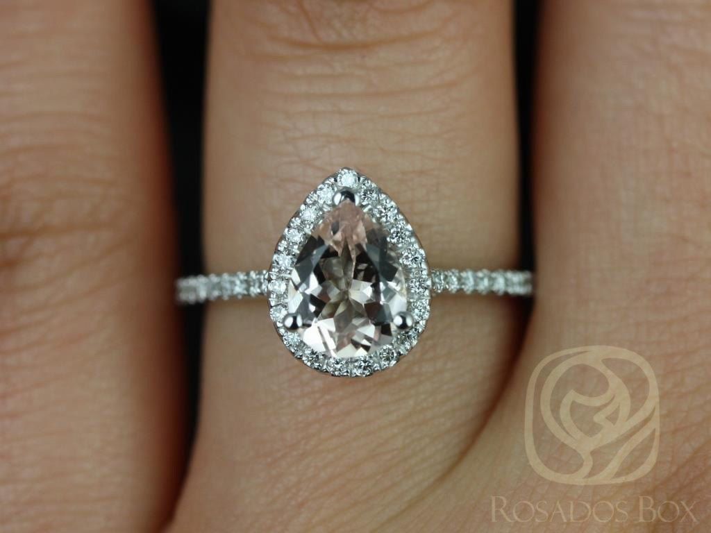 Rosados Box Ready to Ship Tabitha 8x6mm 14kt White Gold Pear Morganite  and Diamonds Halo Engagement Ring