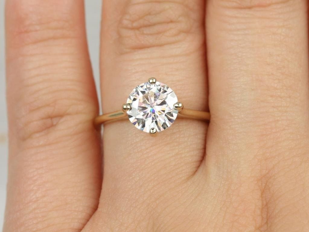 Rosados Box Skinny Frieda 8mm 14kt Yellow Gold Round Moissanite Compass Set Cathedral Solitaire Engagement Ring