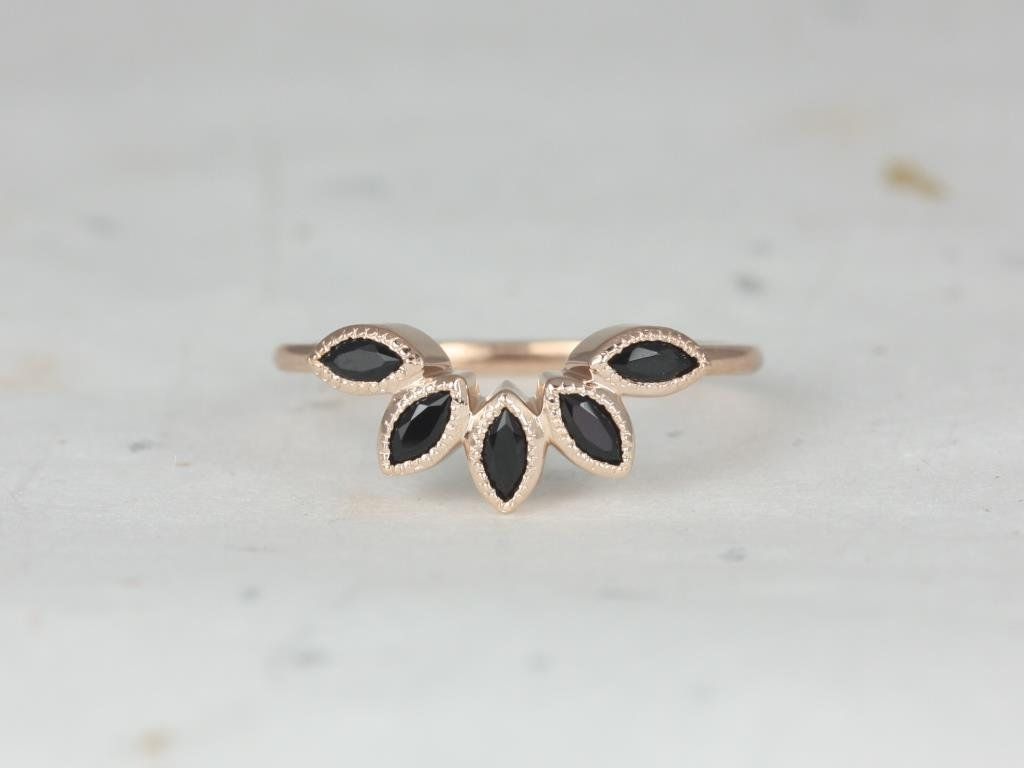 Rosados Box DIAMOND FREE Petunia 14kt Rose Gold Marquise Black Onyx Leaves WITH Milgrain Tiara Ring