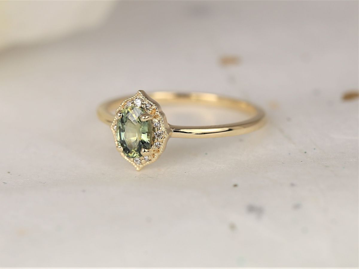 0.71ct Ready to Ship Mini Mae 14kt Gold Green Tea Teal Sapphire Diamond Dainty Art Deco Oval Halo WITH Milgrain Ring