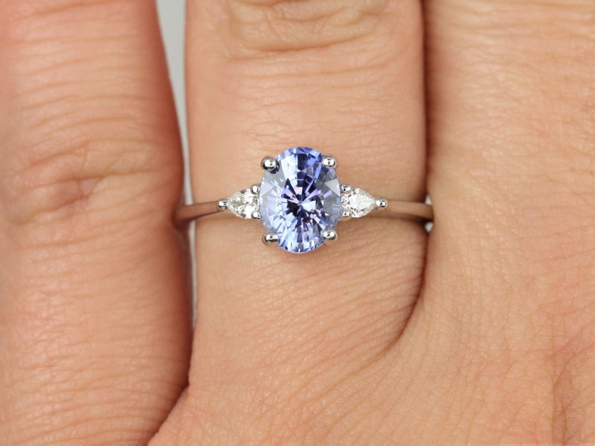 Rosados Box 1.34cts Ready to Ship Petite Emery 14kt White Gold Cornflower Lavender Sapphire Diamond Pear 3 Stone Oval Engagement Ring