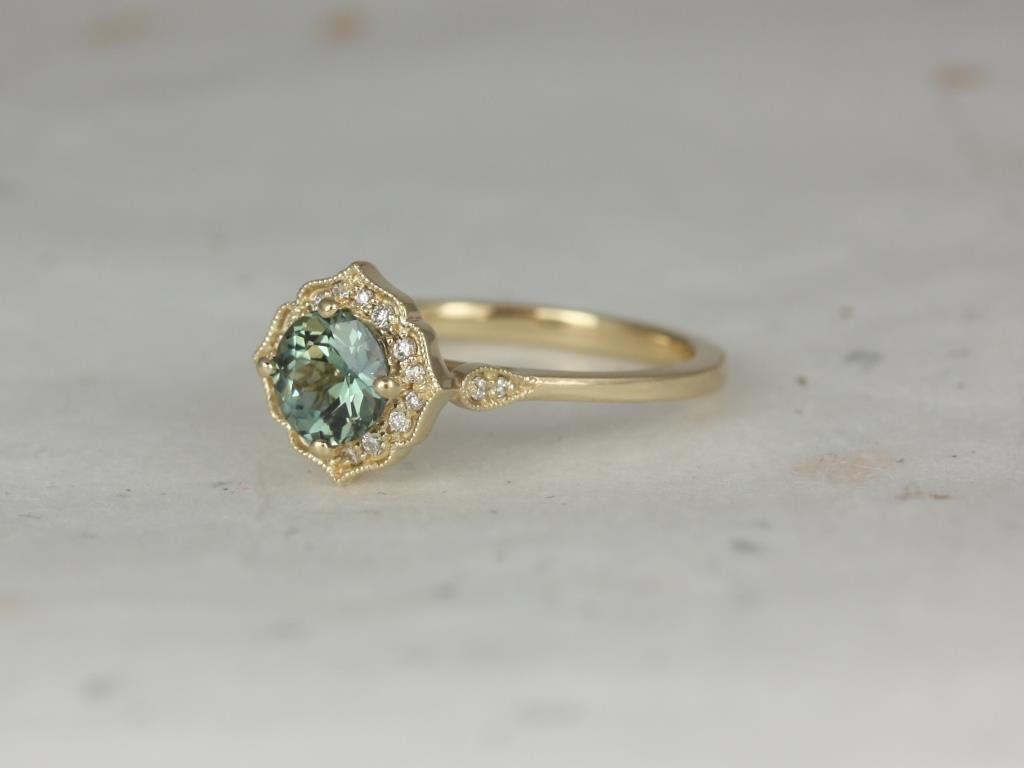 Rosados Box Ready to Ship Lily 1.11cts 14kt Yellow Gold Jungle Teal Sapphire Diamond Kite Halo WITH Milgrain Engagement Ring
