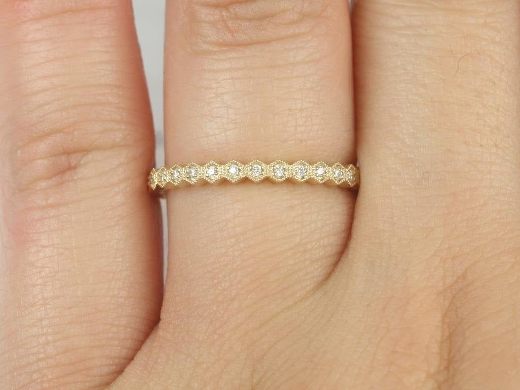 Ready to Ship Ultra Petite Honore 14kt WHITE Gold Dainty Art Deco Hexagon WITH Milgrain Diamond ALMOST Eternity Band Stack Ring,Rosados Box