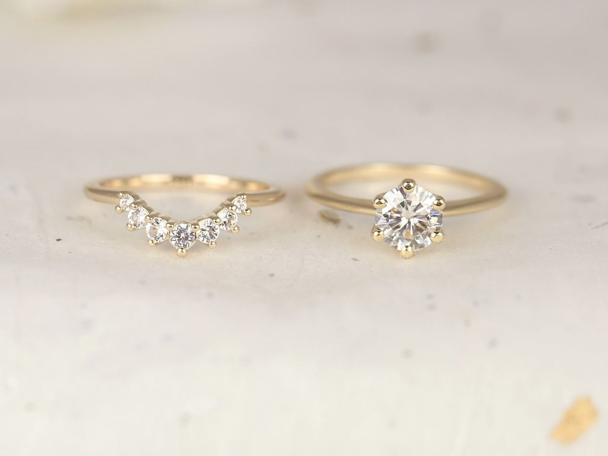 1ct Skinny Webster 6.5mm & Rayna 2.0 14kt Gold Moissanite Diamond Round Solitaire Bridal Set by Rosados Box