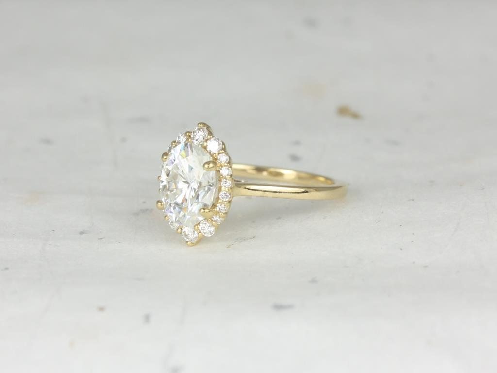 Rosados Box Electra 9x7mm 14kt Yellow Gold Oval Forever One Moissanite Diamonds Shield Graduated Halo Engagement Ring