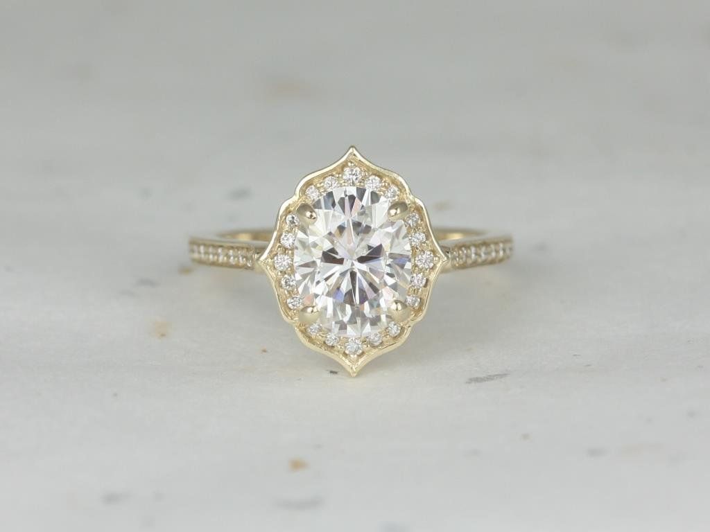 2ct Myra 9x7mm 14kt Moissanite Diamond WITHOUT Milgrain Unique Halo Ring by Rosados Box