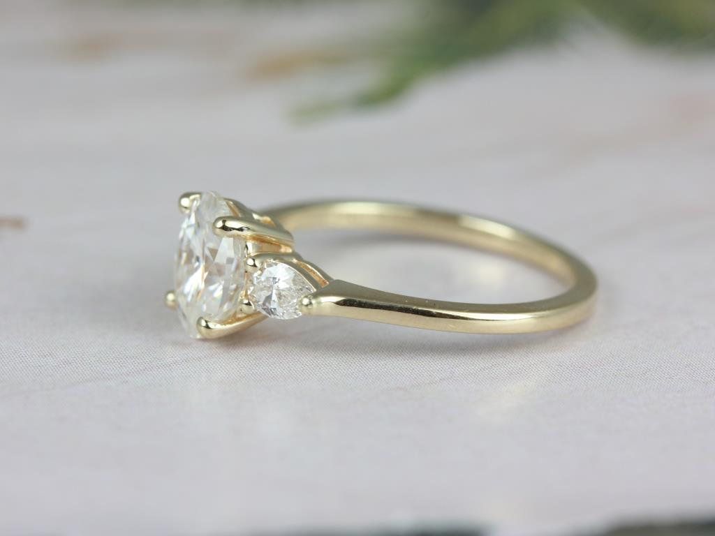 Rosados Box Emery 8x6mm 14kt Yellow Gold Oval Moissanite and Diamond Pear Engagement Ring