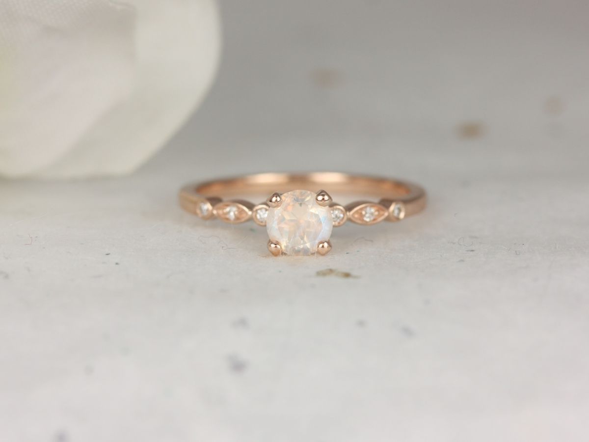 Rosados Box Gale 5mm 14kt Rose Gold Rainbow Moonstone Diamonds WITHOUT Milgrain Art Deco Round Solitaire Ring