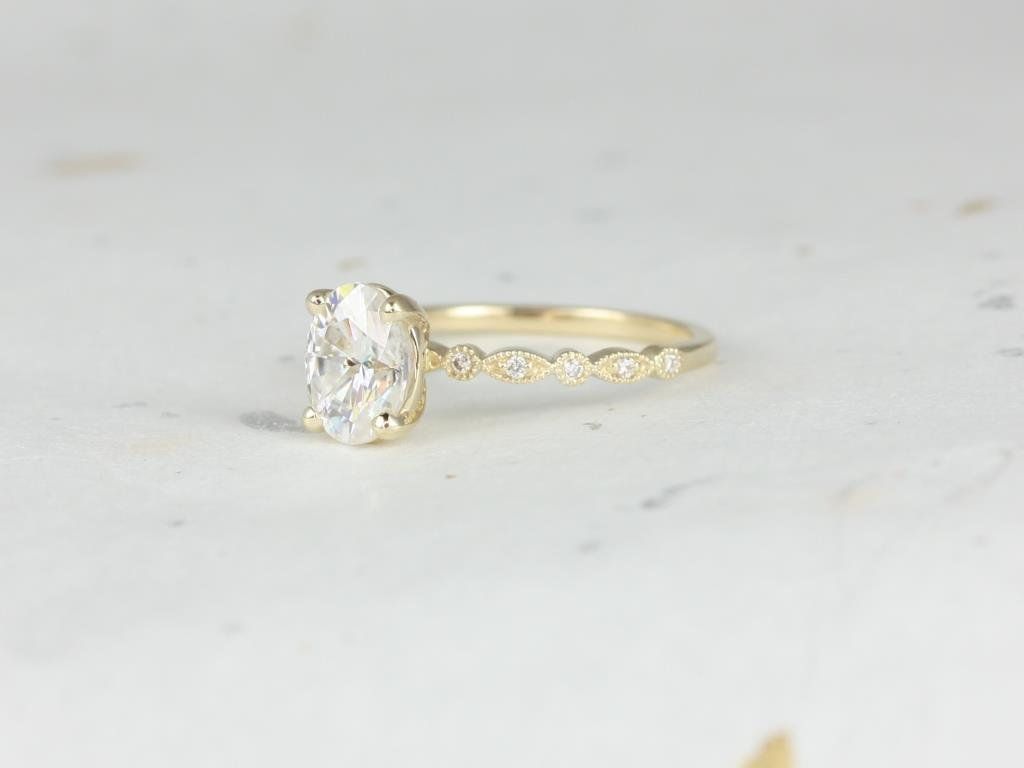 Rosados Box Neda 8x6mm 14kt Yellow Gold Oval Moissanite and Diamond Petite Scalloped Vintage WITH Milgrain Engagement Ring