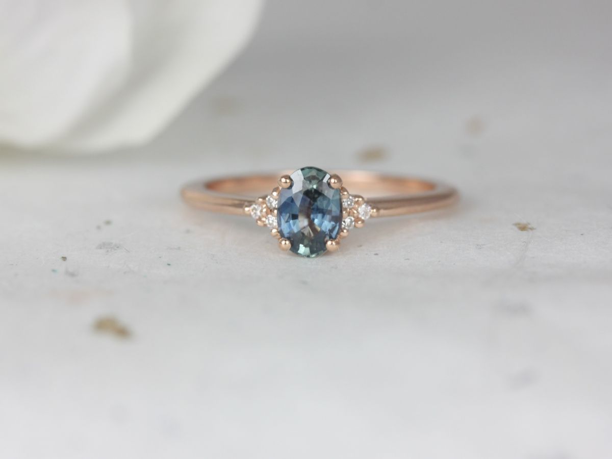 0.71ct Ready to Ship Juniper 14kt Rose Gold Ocean Blue Sapphire Diamond Oval Cluster Ring