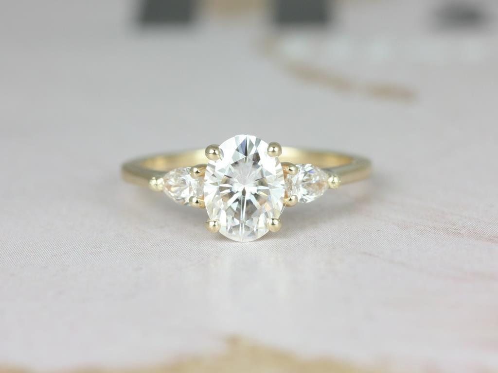 Rosados Box Emery 8x6mm 14kt Yellow Gold Oval Moissanite and Diamond Pear Engagement Ring