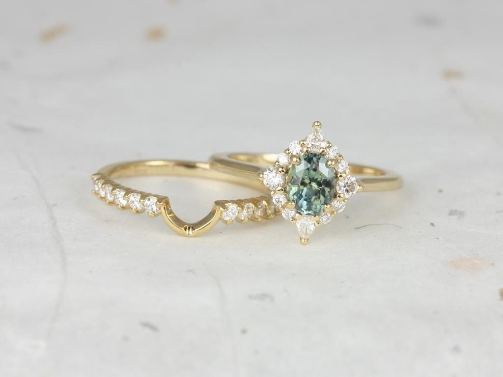 Rosados Box Ready to Ship Maris 0.92cts 14kt Yellow Gold Oval Jungle Teal Sapphire and Diamonds Star Halo Wedding Set