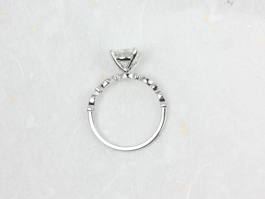 Rosados Box Nadine 8mm 14kt White Gold Round Moissanite and Diamond Petite Scalloped Vintage WITH Milgrain Engagement Ring