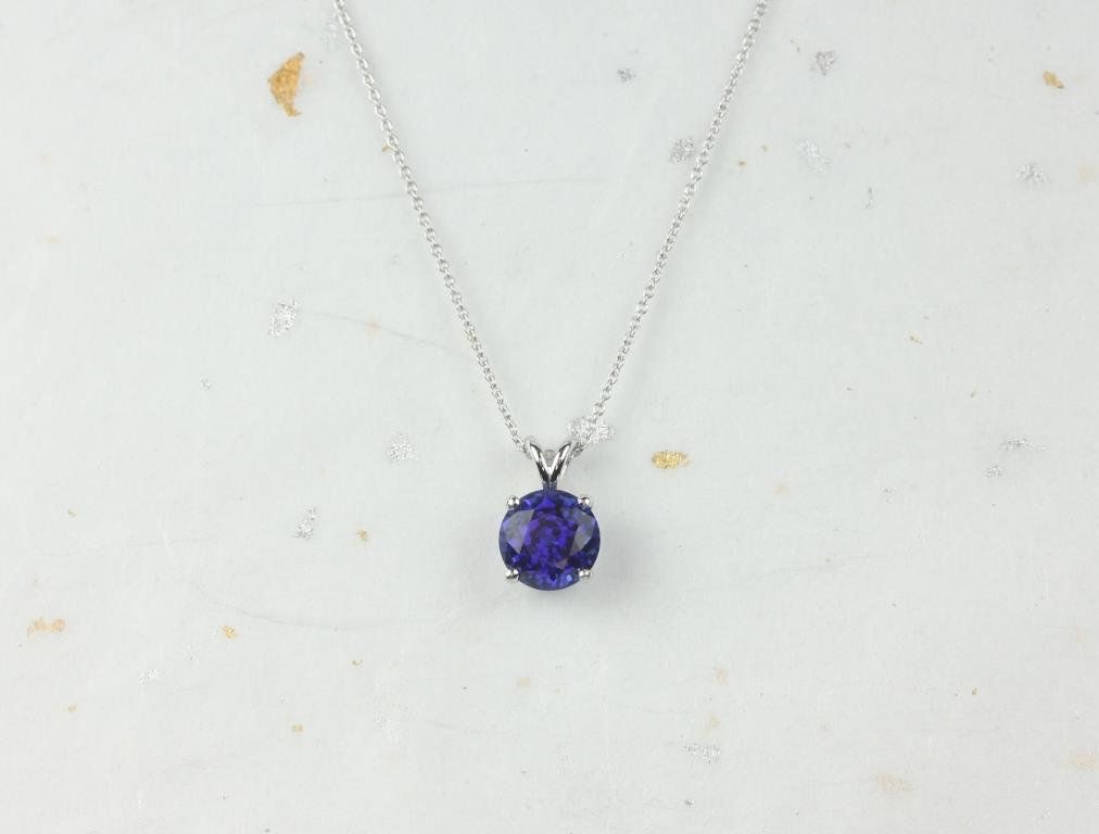 Rosados Box Ready to Ship Donna 8mm 14kt White Gold Round Blue Sapphire Leaf Gallery Basket Solitaire Necklace