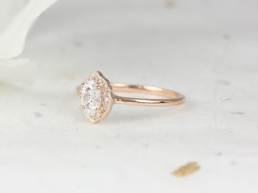 Rosados Box Mini Mae 6x4mm 14kt Rose Gold Forever One Moissanite Diamond Dainty Art Deco Oval Halo WITH Milgrain Engagement Ring