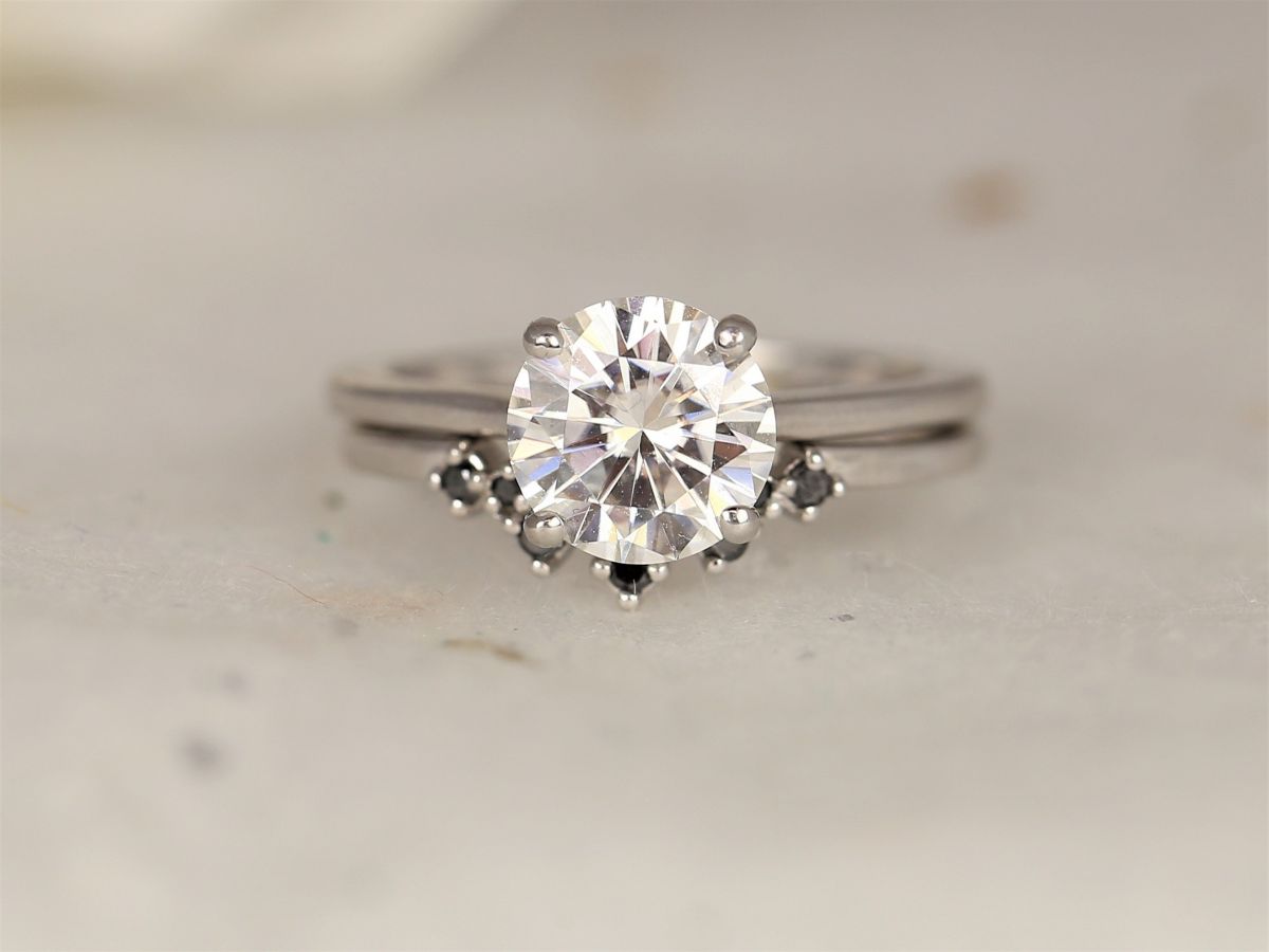 Rosados Box 2ct Dixie 8mm & Remy 14kt White Gold Moissanite Black Diamond Round Dainty Solitaire Wedding Set Rings