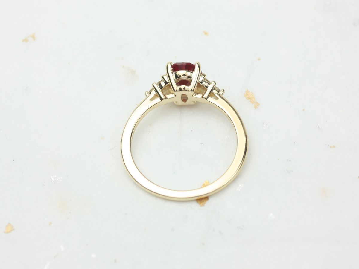 Rosados Box Juniper 8x6mm 14kt Gold Ruby Diamonds Dainty Oval Cluster 3 Stone Engagement Ring