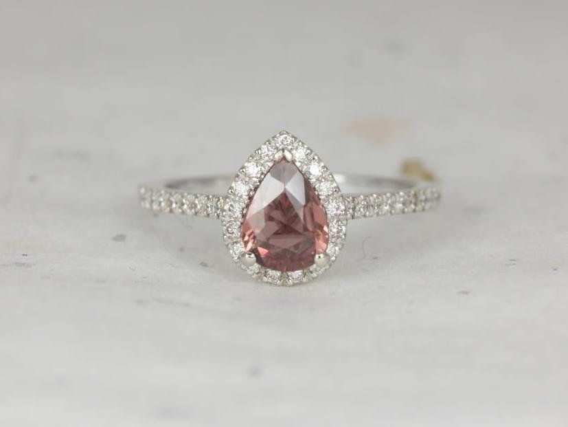 Rosados Box Ready to Ship Tabitha 1.01cts 14kt White Gold Pear Vintage Burgundy Red Sapphire Diamonds Halo Engagement Ring
