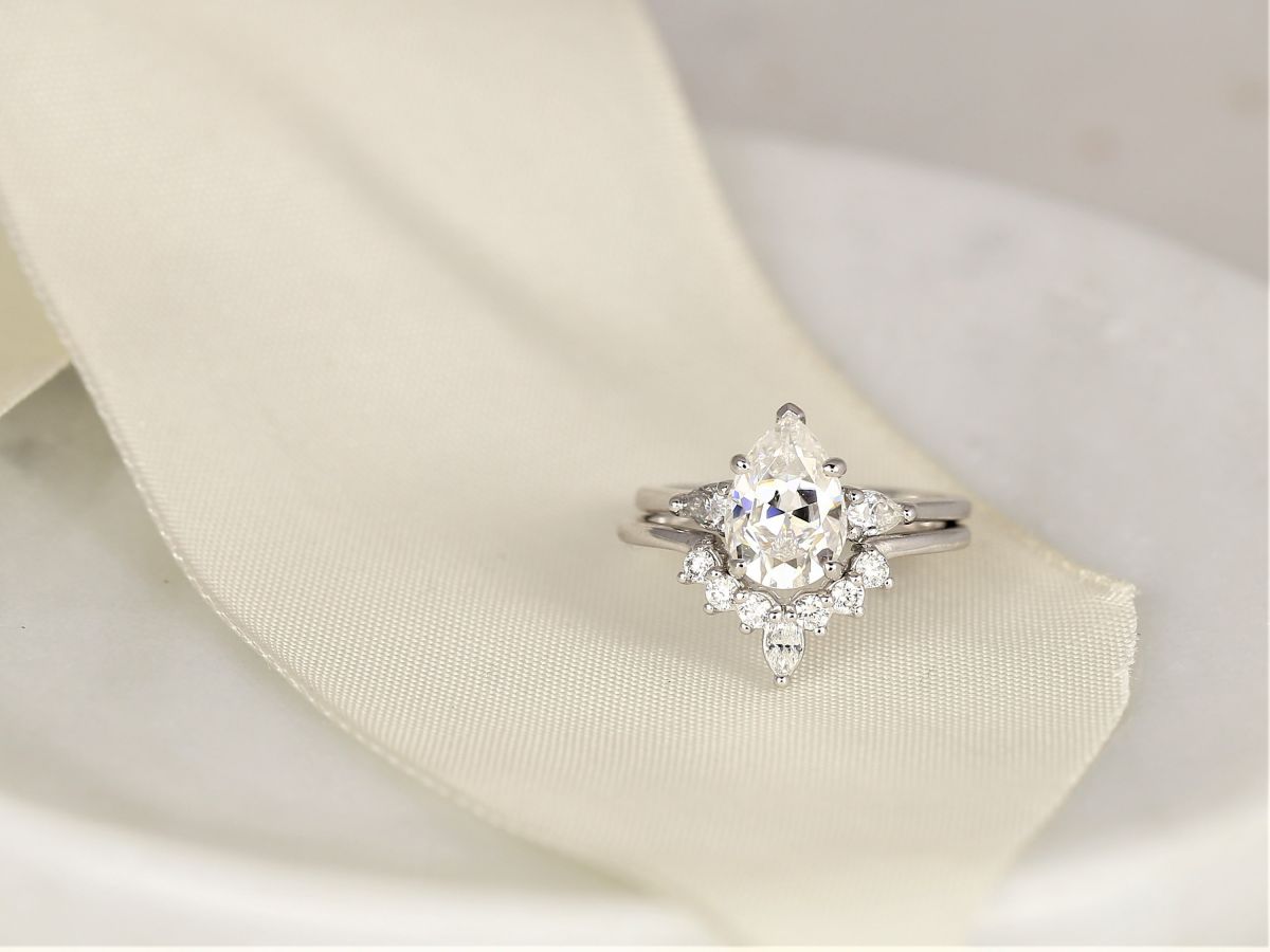 Rosados Box 2cts Essie 10x7mm & Marjorie 14kt White Gold Forever One Moissanite Diamond Art Deco 3 Stone Dainty Pear Wedding Set Rings