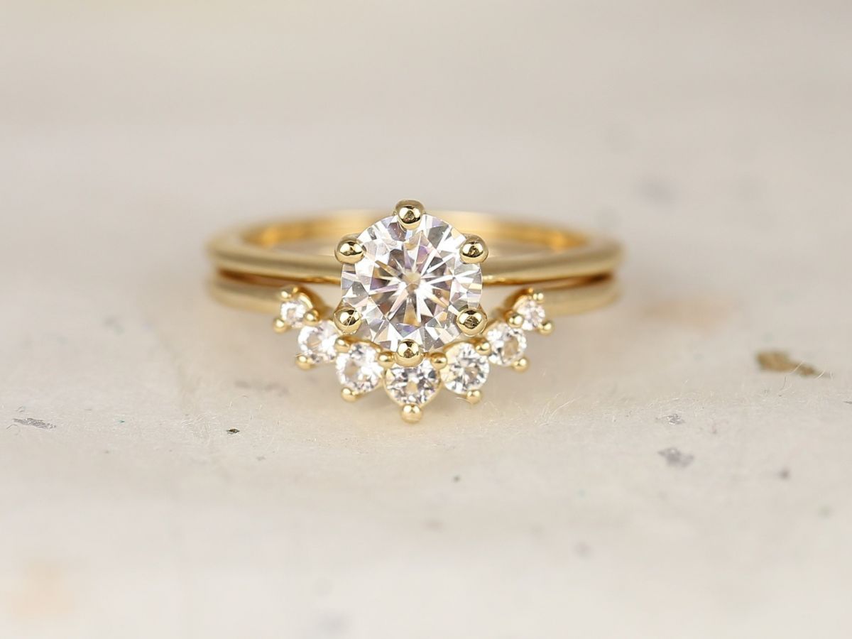 1ct Skinny Webster 6.5mm & Rayna 2.0 14kt Gold Moissanite Diamond Round Solitaire Bridal Set by Rosados Box