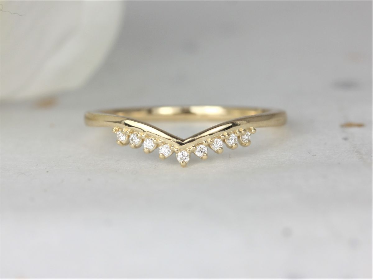 Lonnie 14kt Solid Gold Dainty Thin Crown Tiara V Ring Chevron Diamond Stacking Ring