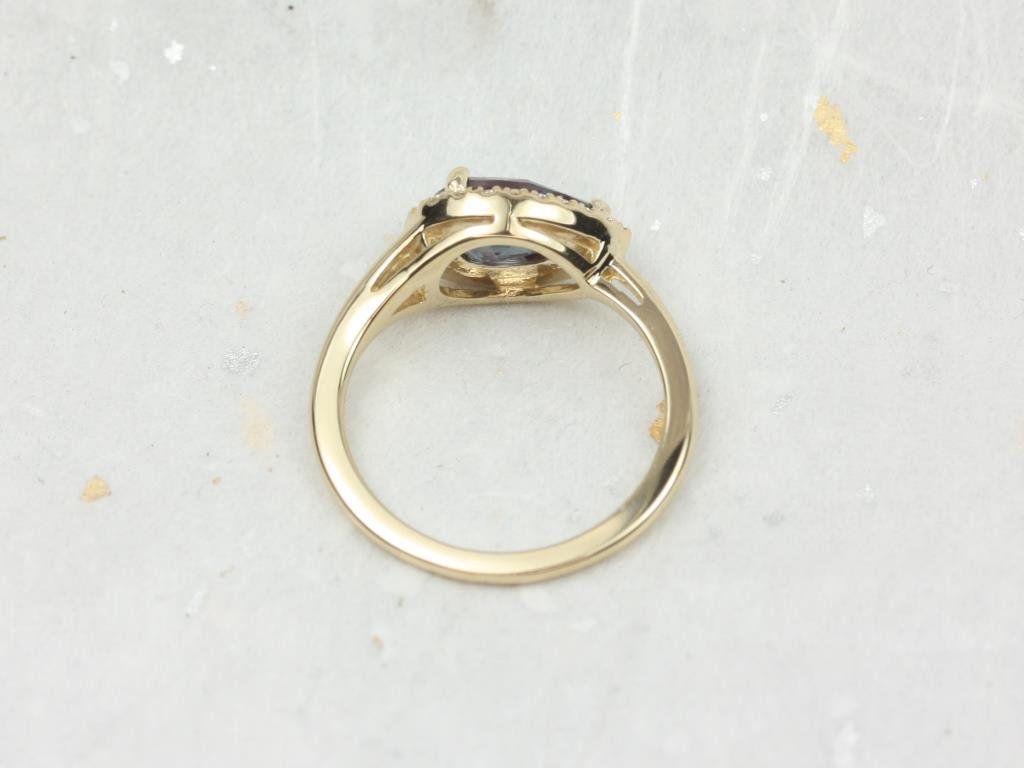 Rosados Box LeStrange 9x6mm 14kt Yellow Gold Pear Alexandrite Diamonds Split Shank Dainty Halo Serpent Engagement Ring