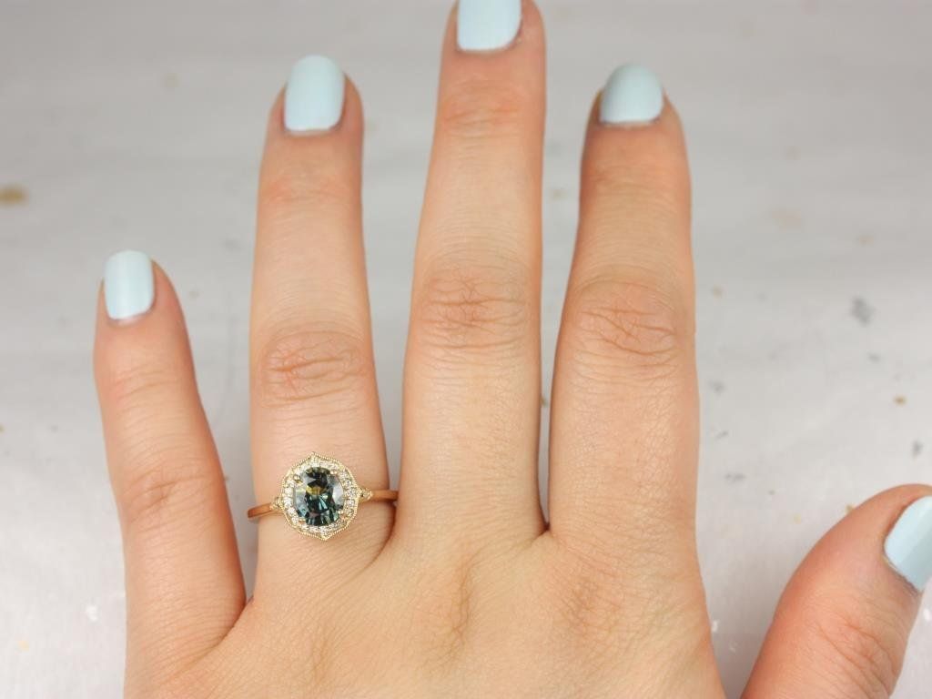 1.69ct Ready to Ship Mae 14kt Yellow Gold Lightning Ocean Teal Sapphire Diamond WITH Milgrain Oval Halo Ring