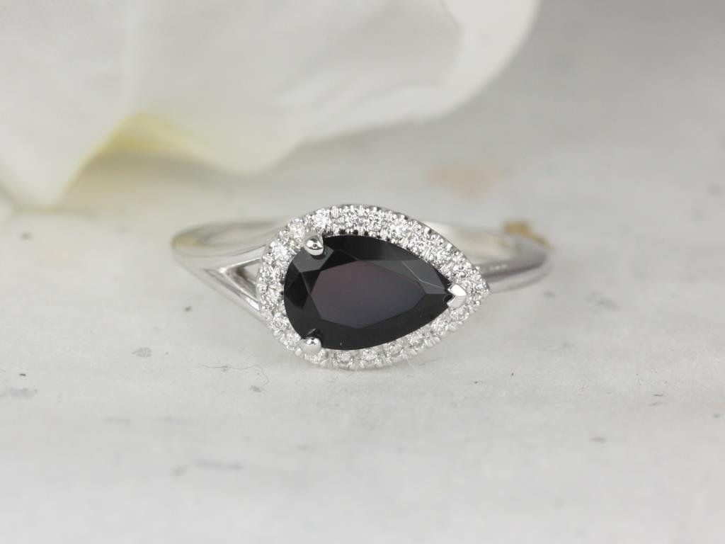 Rosados Box LeStrange 9x6mm 14kt White Gold Pear Black Onyx Diamonds Split Shank Dainty Halo Engagement Ring