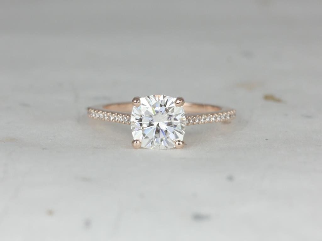 Rosados Box Marcelle 7.5mm 14kt Rose Gold Cushion Forever One Moissanite and Diamonds Thin Cathedral Engagement Ring