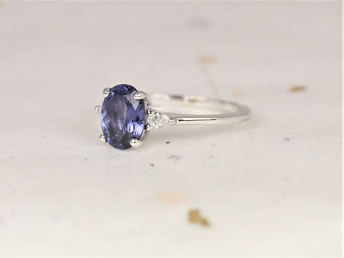 Rosados Box 1.69cts Ready to Ship Petite Emery 14kt White Gold Indigo Purple Spinel Diamond Pear 3 Stone Oval Ring