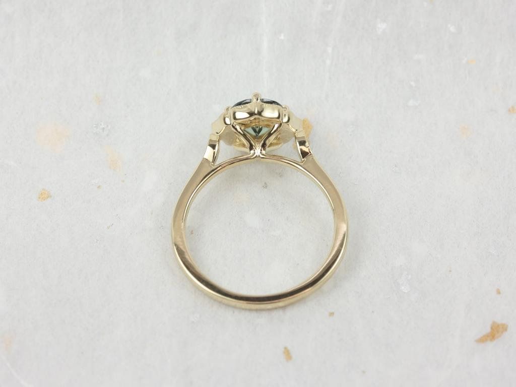 Rosados Box Ready to Ship Lily 1.11cts 14kt Yellow Gold Jungle Teal Sapphire Diamond Kite Halo WITH Milgrain Engagement Ring