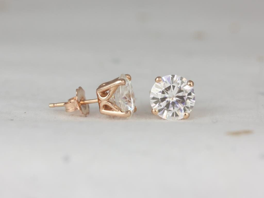 Rosados Box Ready to Ship Donna 8mm 14kt WHITE Gold Round Forever One Moissanite Leaf Gallery Basket Stud Earrings