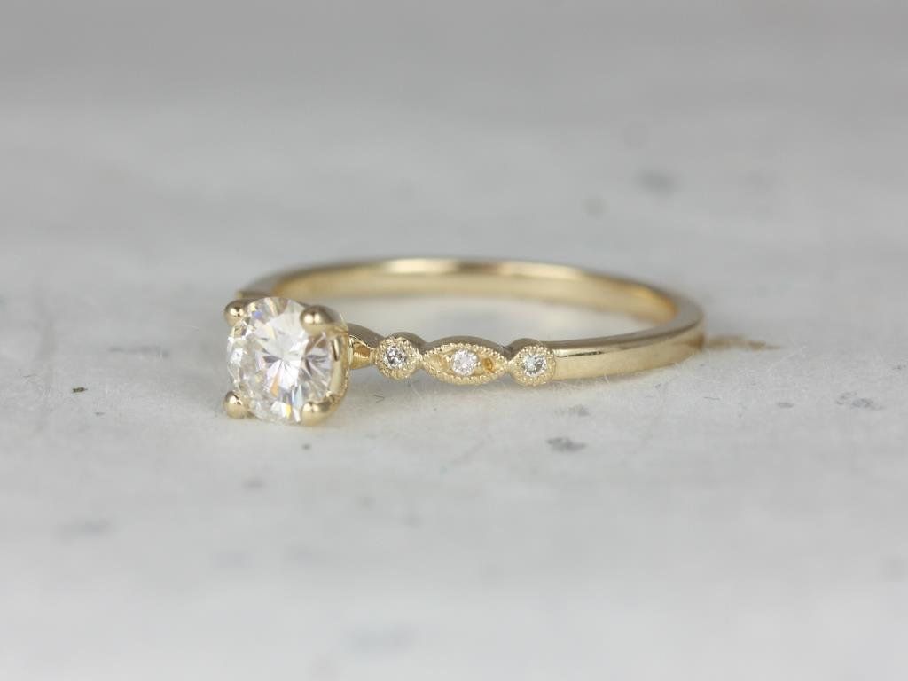 Rosados Box Gale 5mm 14kt Gold Round Forever One Moissanite Diamonds WITH Milgrain Solitaire Accent Engagement Ring