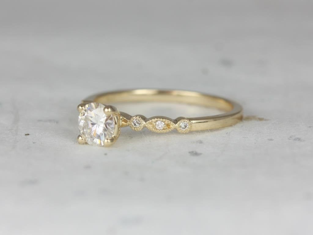 Ready to Ship Gale 5mm Round Forever One Moissanite Diamonds WITH Milgrain Art Deco Solitaire Engagement Ring,14k Yellow Gold,Rosados Box