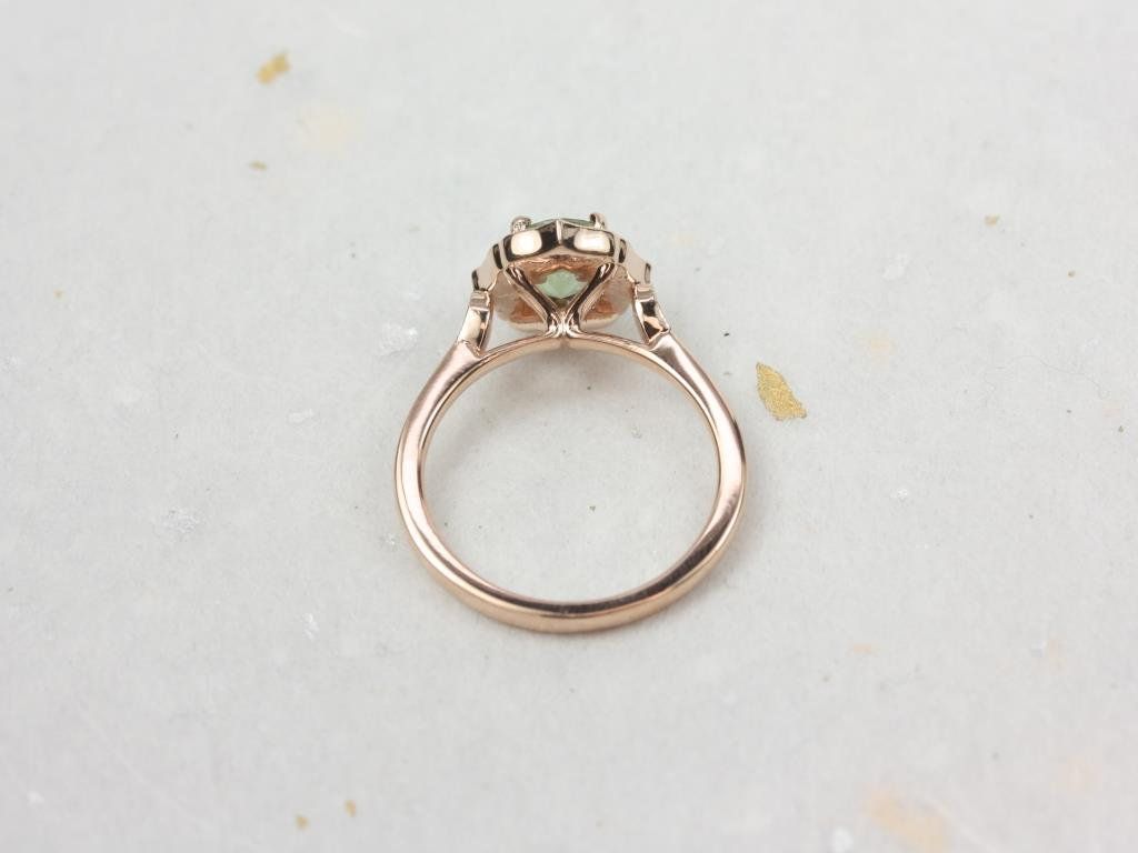 Rosados Box Ready to Ship Mae 1.44cts 14kt Rose Gold Oval Jungle Teal Sapphire and Diamond Halo WITH Milgrain Engagement Ring