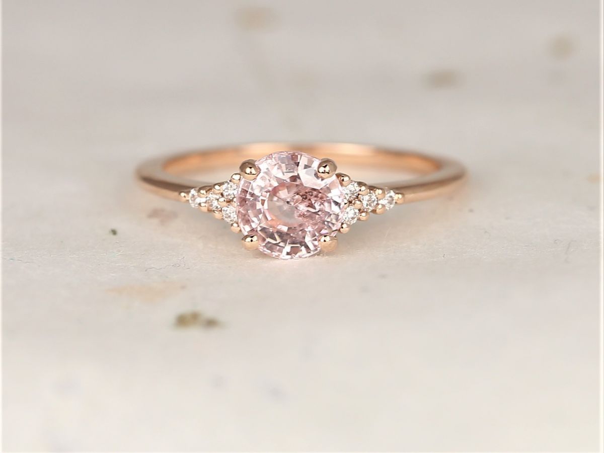 Rosados Box 1.40ct Ready to Ship Malia 14kt Rose Gold Peach Sapphire Diamonds Dainty Round 3 Stone Cluster Ring