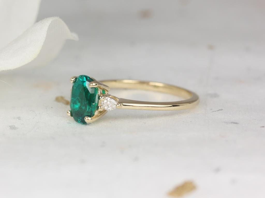 Rosados Box Petite Emery 8x6mm 14kt Gold Oval Emerald Diamond Dainty Pear 3 Stone Engagement Ring